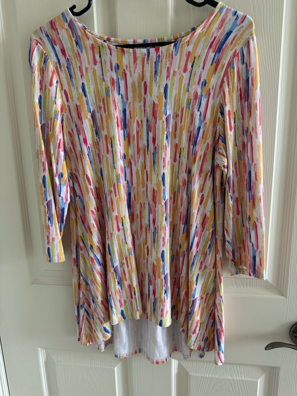 intro. Multicolor Brushstroke Tunic Top in Pink, Yellow, Blue